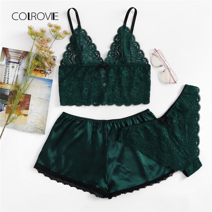 Green Sexy Floral Lace Cami Lingerie