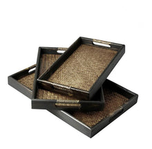 Load image into Gallery viewer, Set of 3 Dark Brown Wood &amp; Woven Rattan Serving Tray