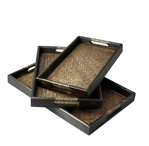 Set of 3 Dark Brown Wood & Woven Rattan Serving Tray